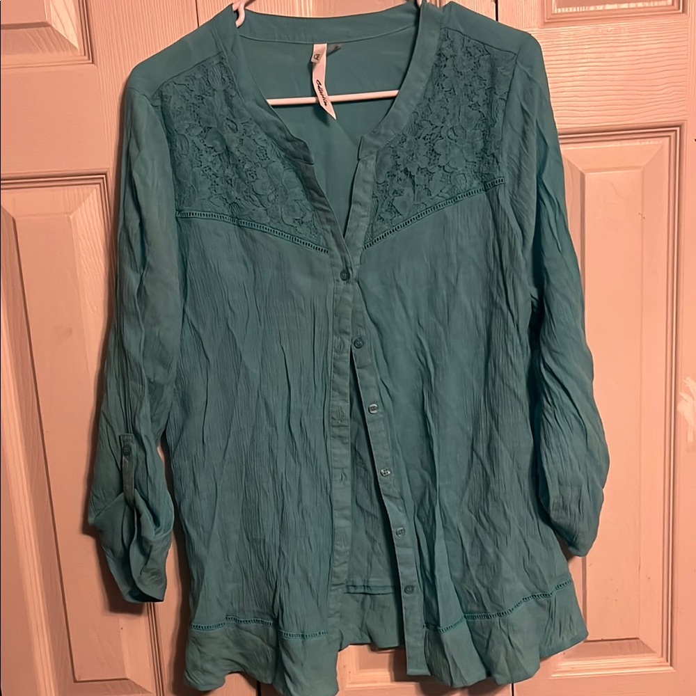 Women's Teal Blouse with Lace Detail